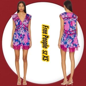 Free People Woman's Dress Spring Fling V- Neck Sheer Chiffon Floral Mini